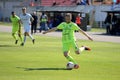 MINSK, BELARUS - MAY 6, 2018: Soccer player kick the ball during the Belarusian Premier League football match between FC