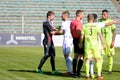 MINSK, BELARUS - MAY 6, 2018: Soccer players argue, conflict during the Belarusian Premier League football match between