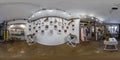 MINSK, BELARUS - MAY, 2021: spherical seamless hdr 360 panorama in interior of mini shop of clothes with shelves fabrics in