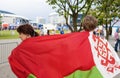 Minsk-Belarus, May, 20: Two Ice-Hockey Fans In Minsk Holding Belarussian Flag Prior to International Ice Hockey Championship on M