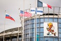 MINSK, BELARUS - MAY 11 - Volat Mascot on Chizhovka Arena on May 11, 2014 in Minsk, Belarus. Ice Hockey World Championship Royalty Free Stock Photo