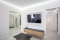 MINSK, BELARUS - NOVEMBER 21, 2016: luxure hall interior loft flat in grey style design with tv