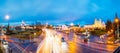 Panorama With Night Traffic On Illuminated Street And Cathedral Of Holy Spirit In Minsk. Famous And Main Orthodox Church