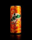 MINSK, BELARUS-OCTOBER 31, 2018: Can of Mirinda orange. Mirinda Royalty Free Stock Photo