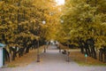 Minsk, Belarus. October 2020. Central entrance, alley to the Botanical Garden in autumn Royalty Free Stock Photo