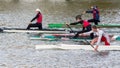 MINSK, BELARUS - October 04, 2016: A group of young rowing canoeists trains in open water