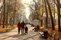 Minsk, Belarus - October 27, 2019: People with children walking in Gorky park in autumn