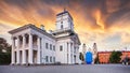 Minsk, Belarus. Old Minsk City Hall on Freedom Square Hall with rainbow - Famous Landmark Royalty Free Stock Photo