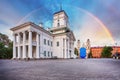 Minsk, Belarus. Old Minsk City Hall on Freedom Square Hall with rainbow - Famous Landmark Royalty Free Stock Photo