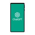 Minsk, Belarus - 03-27-2023. phone with artificial chatbot system assistant. smartphone screen app interface. artificial