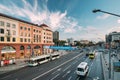 Minsk, Belarus. Public Transport In Traffic On Nemiga Street.