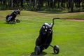 Minsk. Belarus - 24.07.2021 - Push-Pull Golf Carts. Green grass, trees.