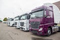 MINSK, BELARUS 21.09.2019: Sale of new Mercedes Actros trucks at a car dealership Royalty Free Stock Photo