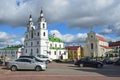 Minsk, Belarus, September, 28, 2015. Cars pass by the Cathedral of the Descent of the Holy spirit and the Church of St. Joseph in Royalty Free Stock Photo