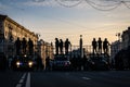 Minsk, Belarus - September 20, 2020: Riot police blocking the road for protesters with water cannons, cages and shields.