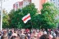 Minsk, Belarus, September 13, 2020. White-red-white flag as a symbol of protests against Lukashenko dictatorship