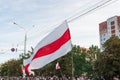 Minsk, Belarus, September 13, 2020. White-red-white flag as a symbol of protests against Lukashenko dictatorship