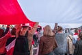 Minsk, Belarus, September 13, 2020. White-red-white flag as a symbol of protests against Lukashenko dictatorship