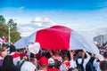 Minsk, Belarus, September 13, 2020. White-red-white flag as a symbol of protests against Lukashenko dictatorship