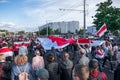 Minsk, Belarus, September 13, 2020. White-red-white flag as a symbol of protests against Lukashenko dictatorship