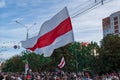 Minsk, Belarus, September 13, 2020. White-red-white flag as a symbol of protests against Lukashenko dictatorship