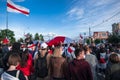 Minsk, Belarus, September 13, 2020. White-red-white flag as a symbol of protests against Lukashenko dictatorship