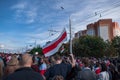 Minsk, Belarus, September 13, 2020. White-red-white flag as a symbol of protests against Lukashenko dictatorship