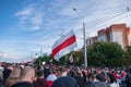 Minsk, Belarus, September 13, 2020. White-red-white flag as a symbol of protests against Lukashenko dictatorship