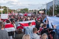 Minsk, Belarus, September 13, 2020. White-red-white flag as a symbol of protests against Lukashenko dictatorship