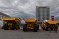 Minsk, Belarus, September 20, 2022: Yellow mining dump truck Belaz with a carrying capacity of twenty tons