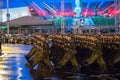 Minsk, Belarus. Soldiers Marching At Street During Night Rehearsal Of Parade Before Celebration Of Independence Day Of