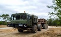 Minsk, Belarus 12.05.2017: Special wheeled chassis VOLAT MZKT-792911 12Ãâ12 for a self-propelled launcher P222 of the Russian