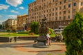 MINSK, BELARUS: Statue Turtle, cat and baby elephant juggler near the Circus.