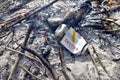 Svyturys Ekstra empty beer can in a bonfire burns with garbage. People throw food waste, leave trash Royalty Free Stock Photo