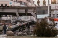 Minsk, Belarus - 01.08.2022. Workers dismantle a collapsed bridge in Belarus in the center of Minsk on Nemiga Street.