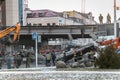 Minsk, Belarus - 01.08.2022. Workers dismantle the collapsed bridge on the roadway.