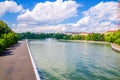 Minsk cityscape with Svislach or Svislac river embankment, Janka Kupala Park and General Headquarters building