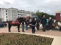 MINSK, MINSK, BELARUS, JULY 3, 2017; City holiday, Independence Day. Riding horses and ponies near the entrance to the park