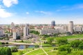 Minsk, Nemiga Prospect of victors, House of trade union, hotel, park. Aerial view, spring, May 20, 2017. Belarus.