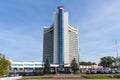 Minsk, Republic of Belarus. - September 8, 2018: Panoramic view of the Hotel Belarus in Minsk, Republic of Belarus