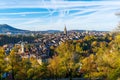 Minster cathedral and roofs of old city aerial view, Bern