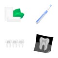 Mint chewing gum with mint leaves, toothbrush with bristles, bregettes with teeth, X-ray of the tooth. Dental care set