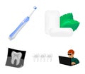 Mint chewing gum with mint leaves, toothbrush with bristles, bregettes with teeth, X-ray of the tooth. Dental care set