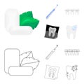 Mint chewing gum with mint leaves, toothbrush with bristles, bregettes with teeth, X-ray of the tooth. Dental care set