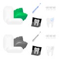 Mint chewing gum with mint leaves, toothbrush with bristles, bregettes with teeth, X-ray of the tooth. Dental care set