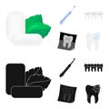 Mint chewing gum with mint leaves, toothbrush with bristles, bregettes with teeth, X-ray of the tooth. Dental care set