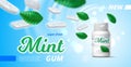 Mint chewing gum. Realistic green spearmint leaves and bubblegum pads with blue granules. Fresh breath. Jar packaging