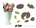 Mint chocolate milkshake with straw, ice cream and cookies watercolor hand drawn illustration isolated on white Royalty Free Stock Photo