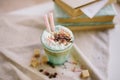 Mint coffee with with cream and colorful decoration. Milk shake, cocktaill, frappuccino. Unicorn coffee, unicorn food.