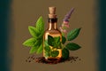 Mint essential oil in a glass bottle with fresh herbs and spices. Vector illustration.